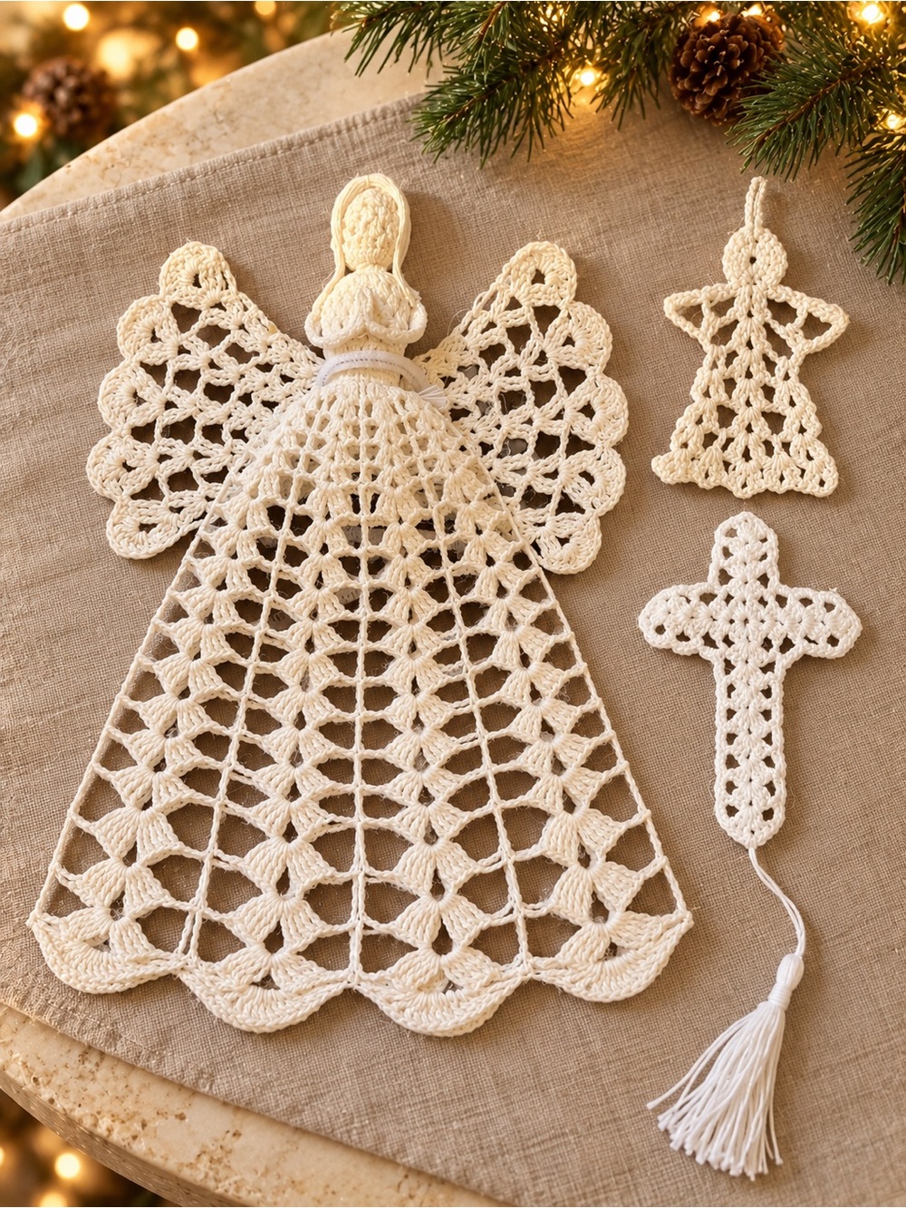 12” Crochet Angel Tree Topper + Angel Ornament & Cross Bookmark